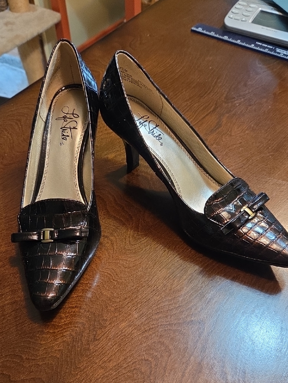 Life Stride Bronze Croc-Embossed Bow Pointed-Toe Heels